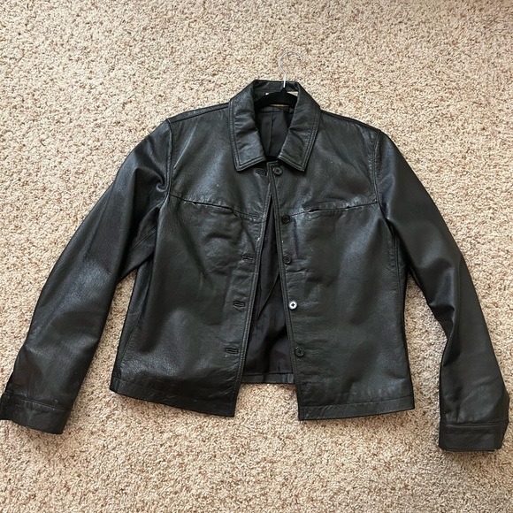 Vintage Cropped Leather Trucker Jacket - Picture 1 of 8